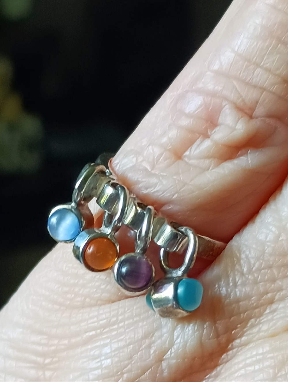 Multi-Stone Sterling Silver Dangle Ring, Vintage, Size 5.25